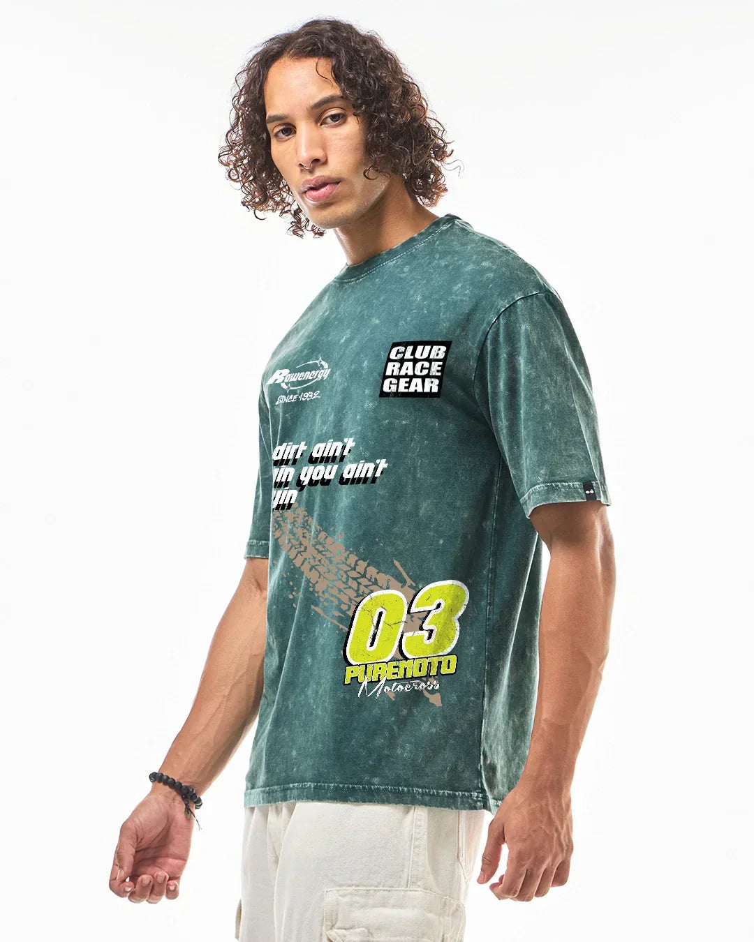 Men's Dark Sea Green Pure Moto Graphic Printed Oversized Acid Wash T-shirt