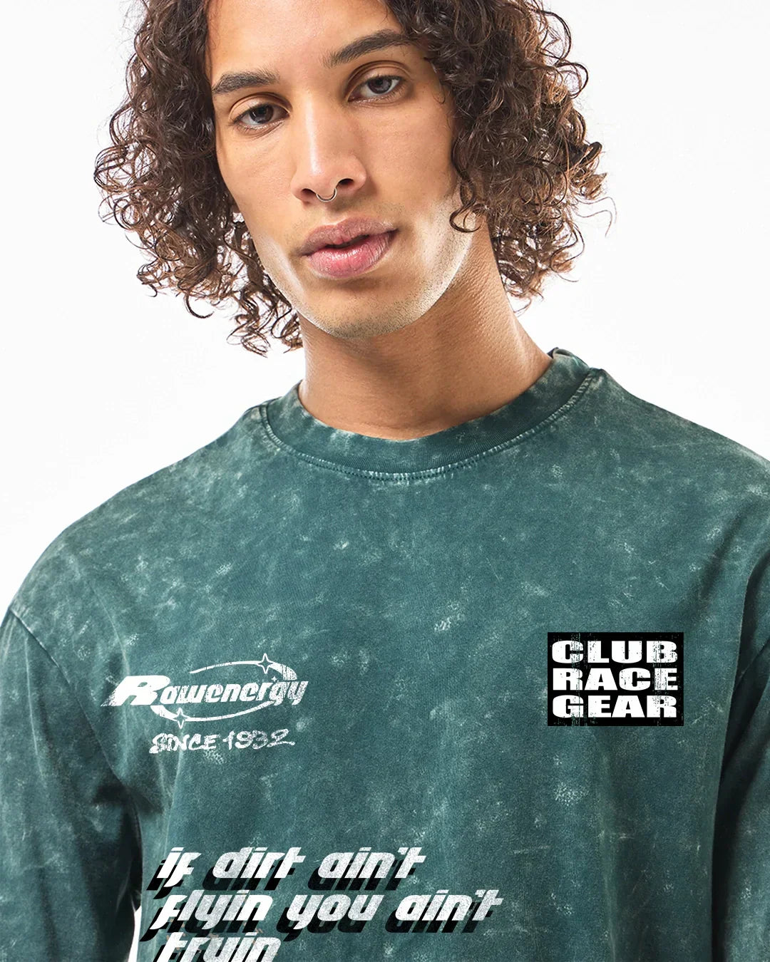Men's Dark Sea Green Pure Moto Graphic Printed Oversized Acid Wash T-shirt