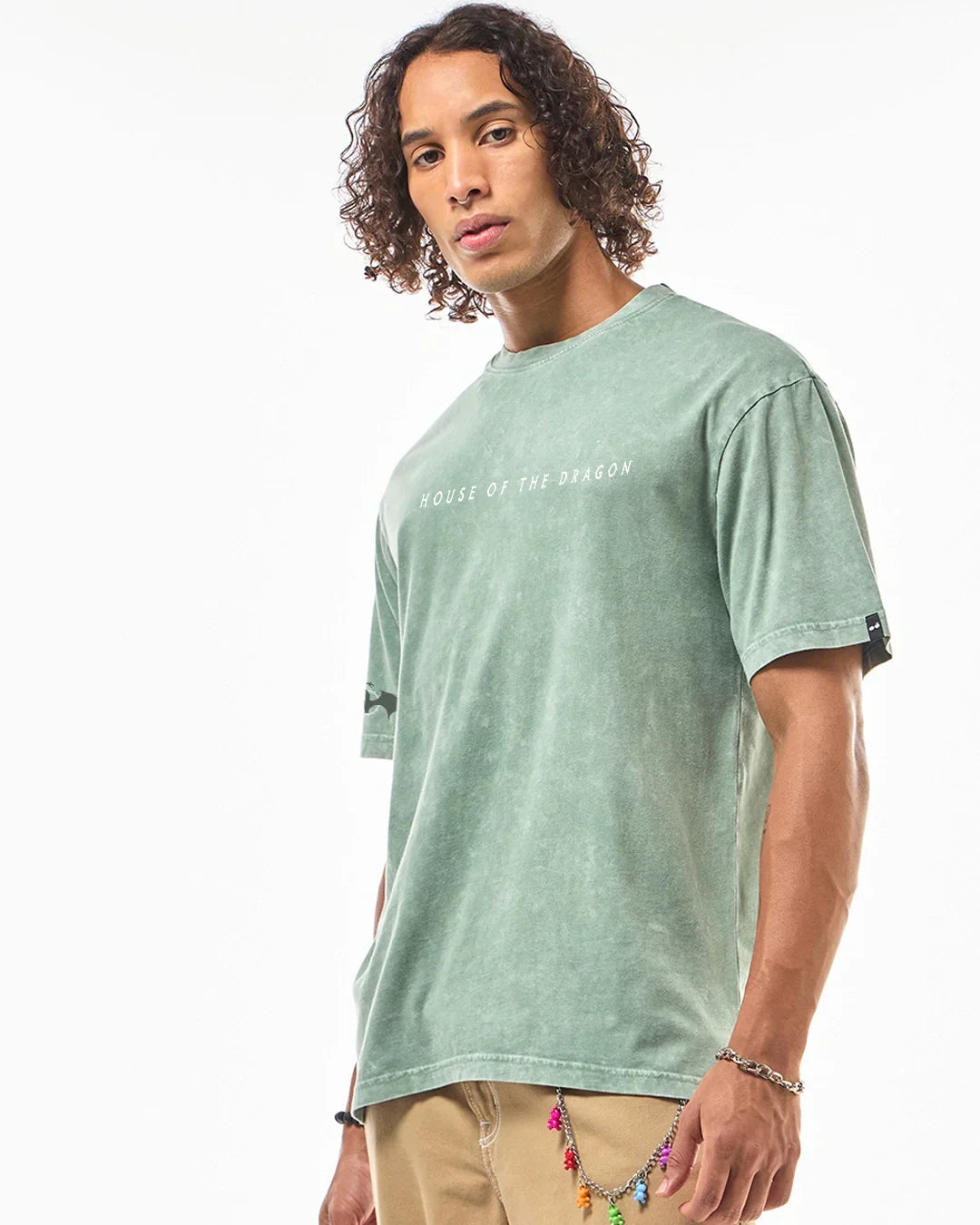 Men's Green Dragon House Graphic Printed Oversized Acid Wash T-shirt