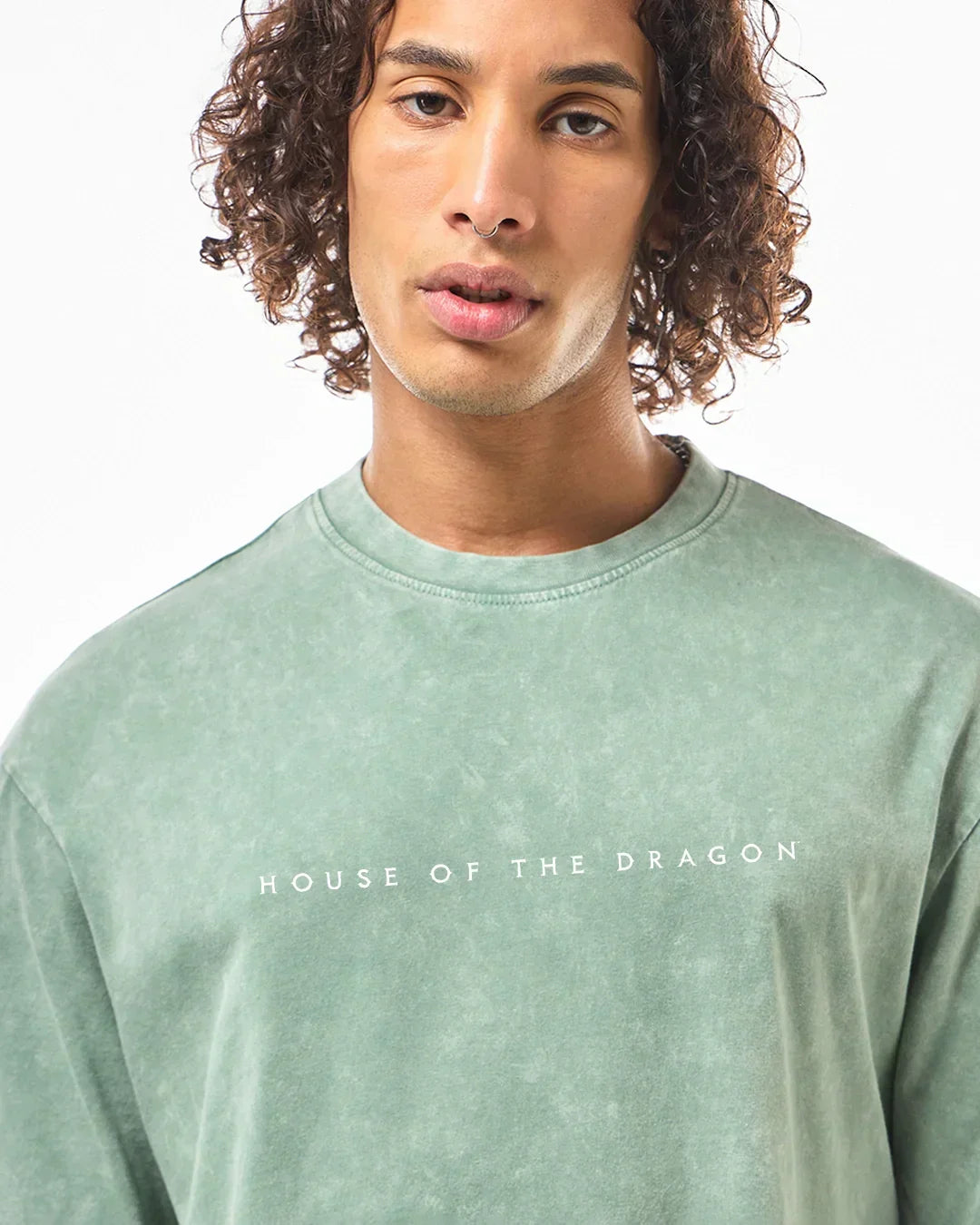 Men's Green Dragon House Graphic Printed Oversized Acid Wash T-shirt