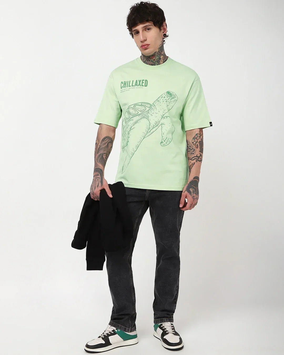 Men's Green Fog Green Turtle Graphic Printed Oversized T-shirt