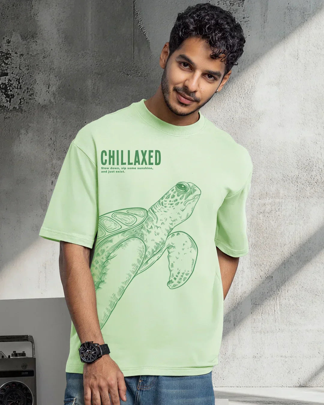 Men's Green Fog Green Turtle Graphic Printed Oversized T-shirt