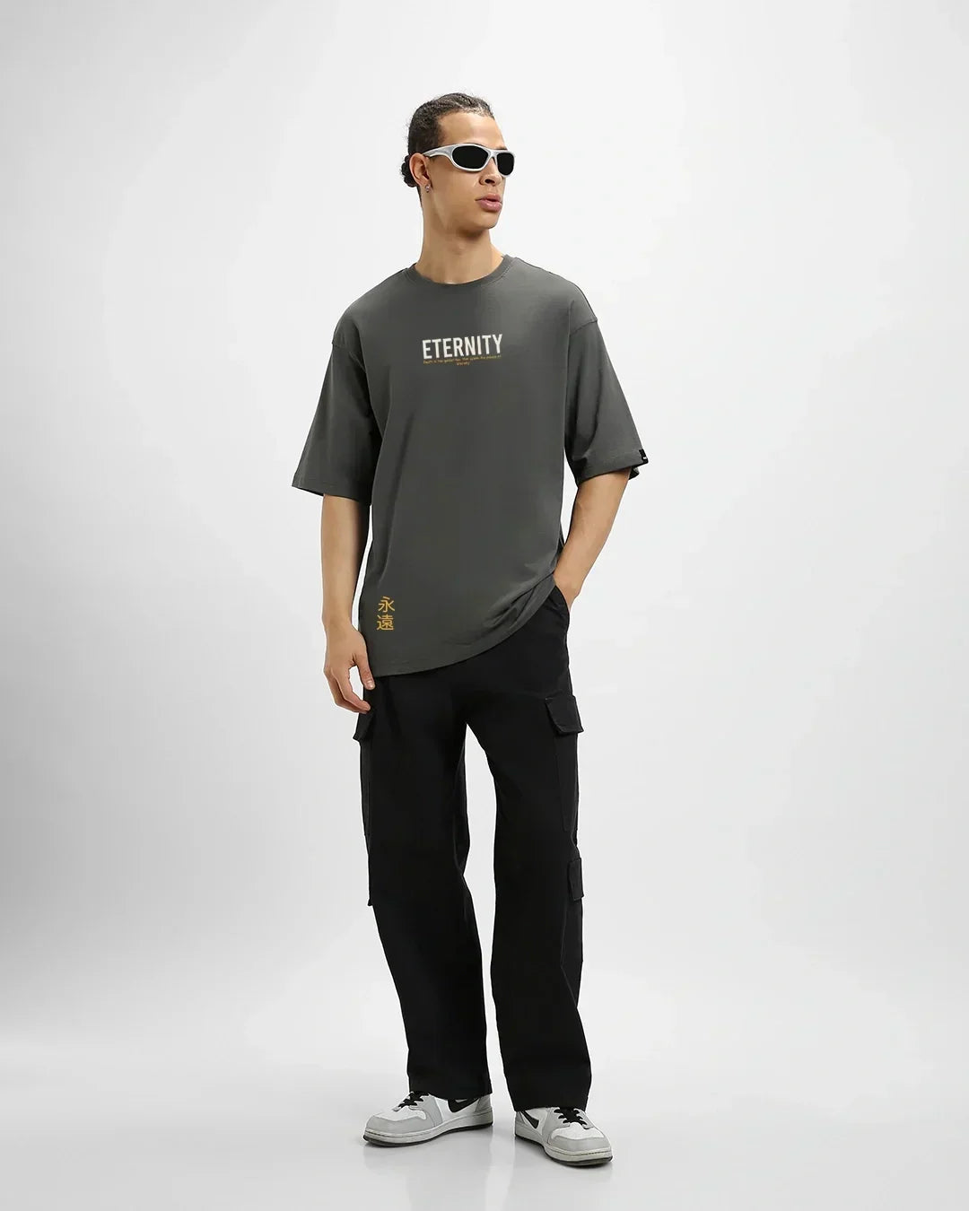 Men's Grey Eternity Graphic Printed Oversized T-shirt