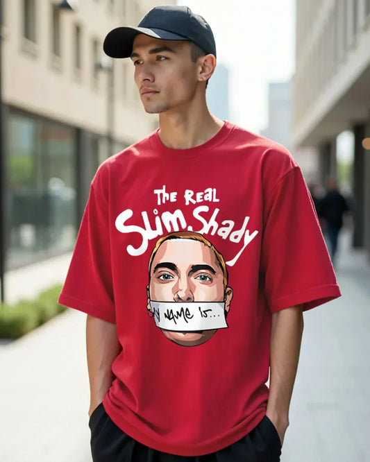 Men's Red Real Slim Shady Graphic Printed Oversized T-shirt
