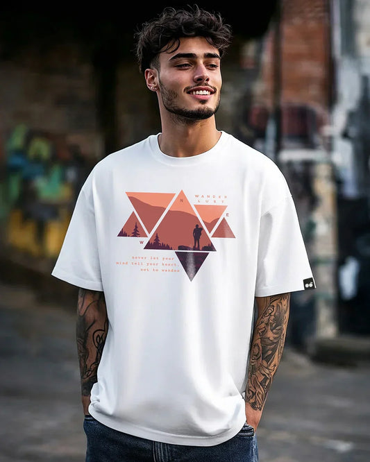 Men's White Wander Geometry Graphic Printed Oversized T-shirt