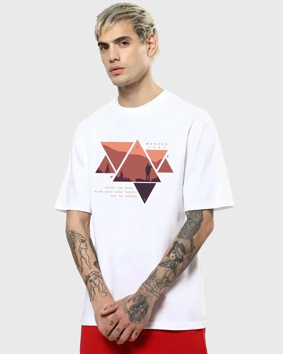 Men's White Wander Geometry Graphic Printed Oversized T-shirt