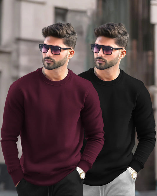 (Pack Of 2) Mens Round Neck Plain Winter Sweatshirts Maroon & Black