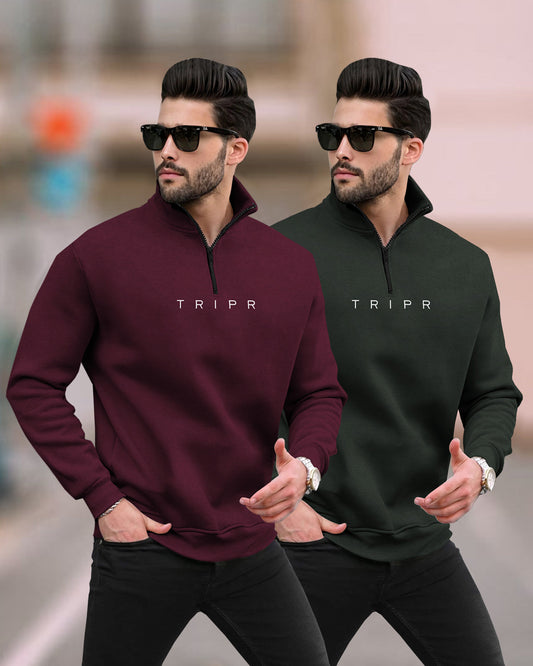 (Pack of 2) Mens Plain High Neck Sweatshirts / Maroon & Olivegreen