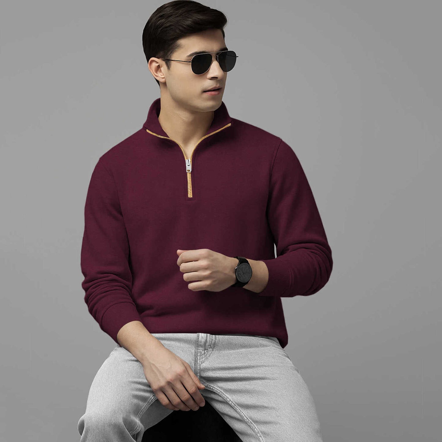 Men High Neck Quarter Zip Up Maroon Sweatshirt