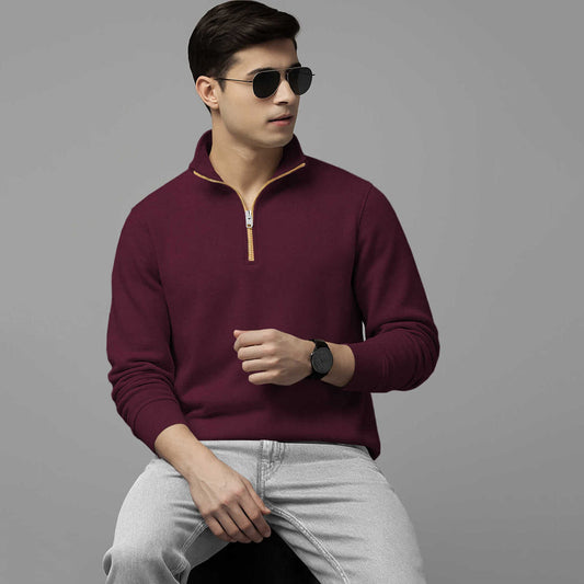 Men High Neck Quarter Zip Up Maroon Sweatshirt