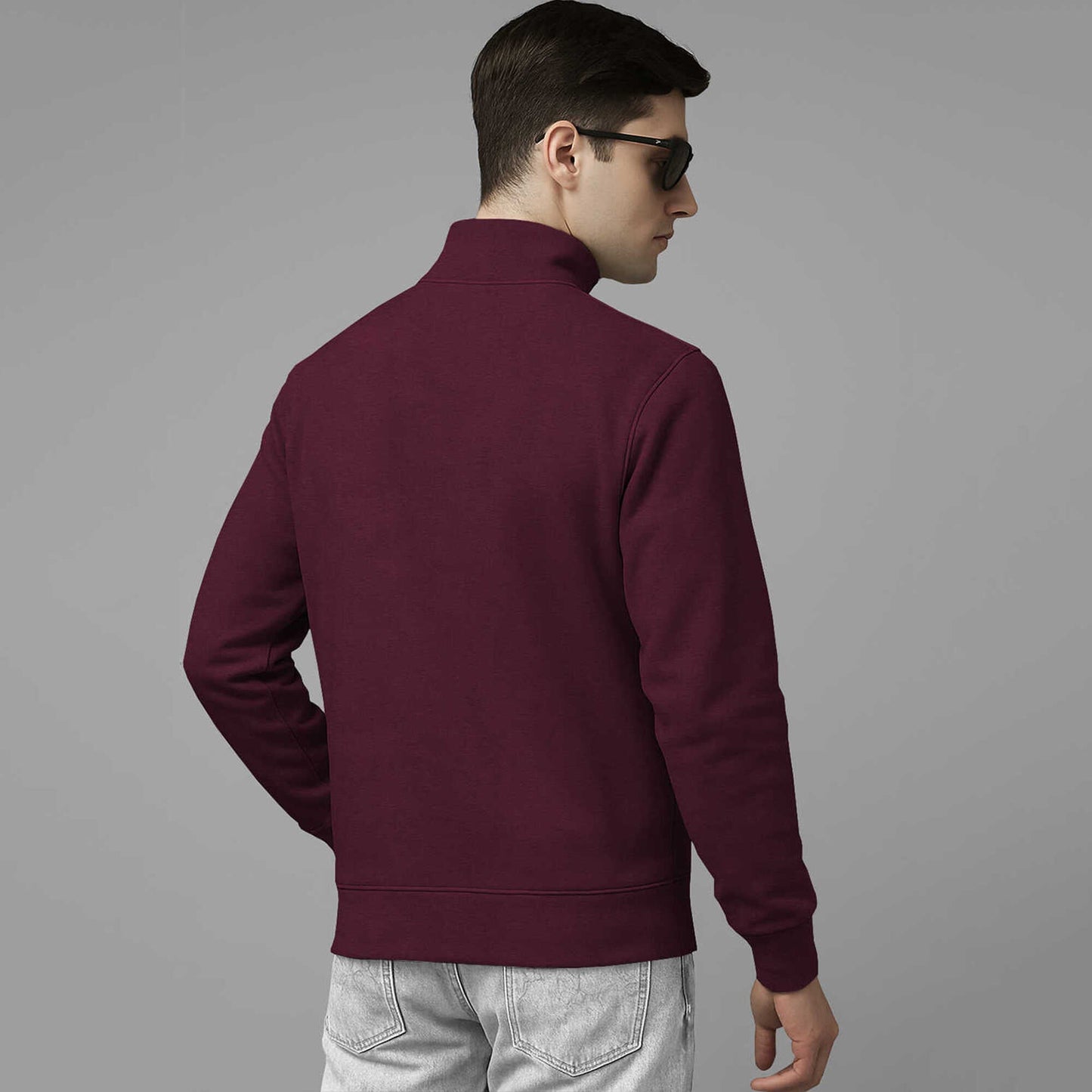 Men High Neck Quarter Zip Up Maroon Sweatshirt