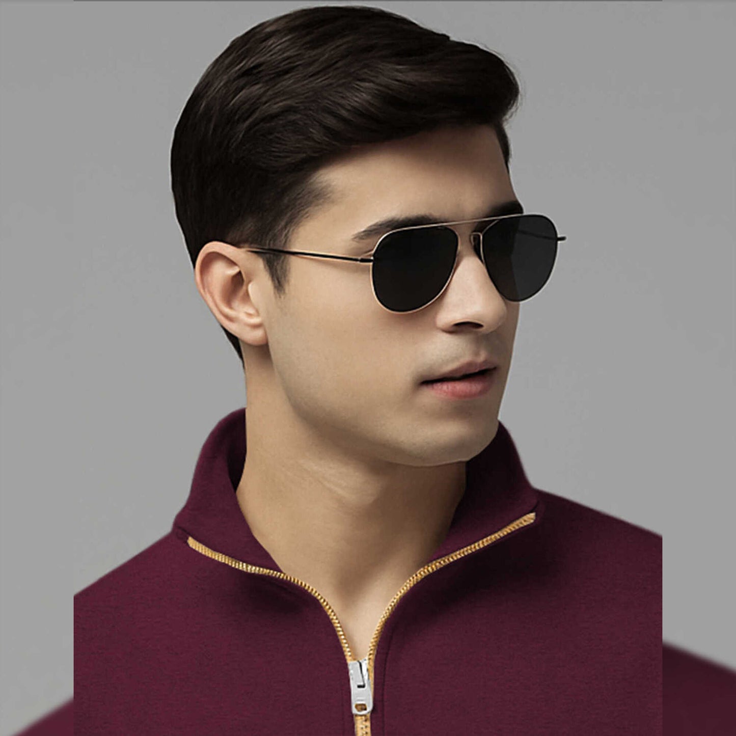 Men High Neck Quarter Zip Up Maroon Sweatshirt