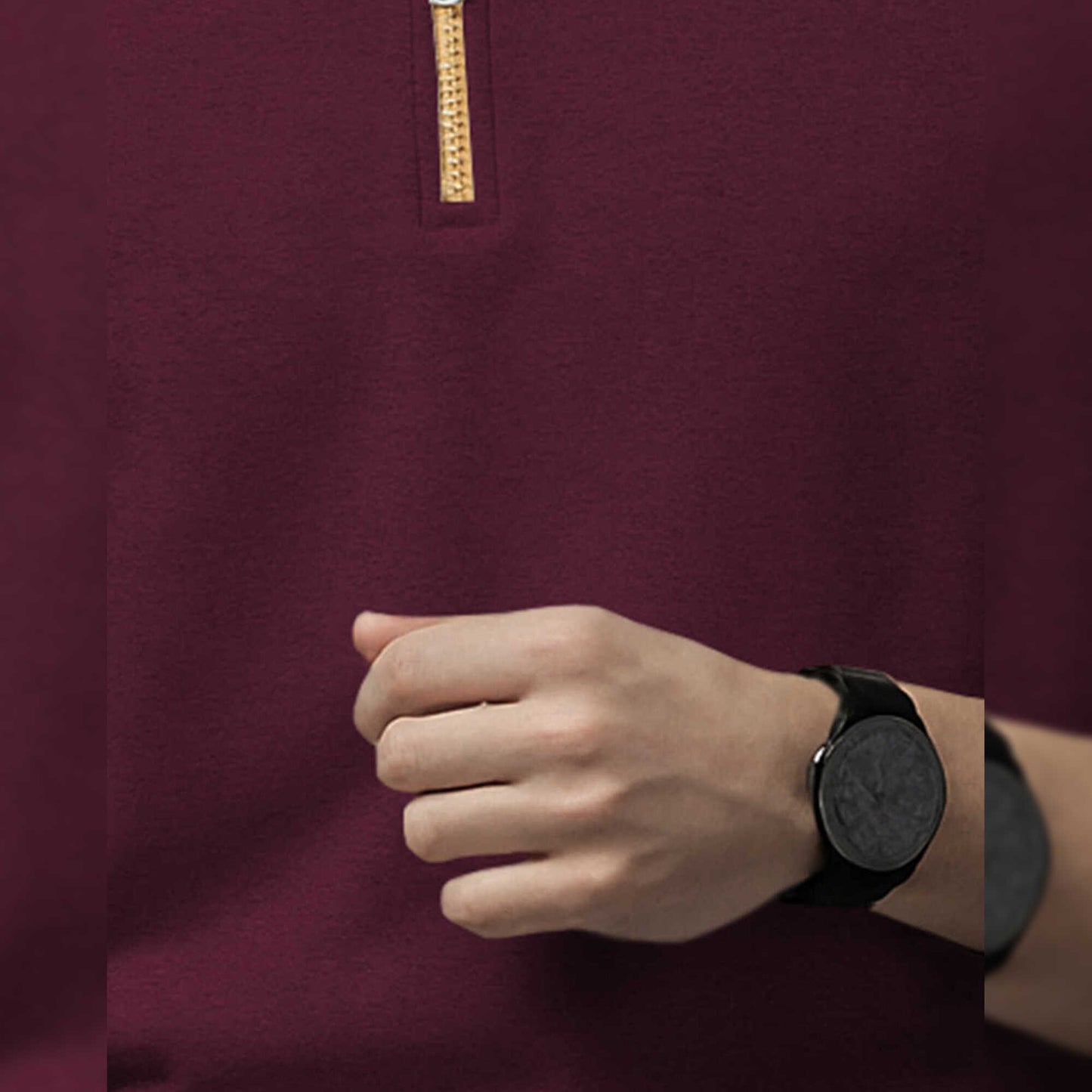 Men High Neck Quarter Zip Up Maroon Sweatshirt