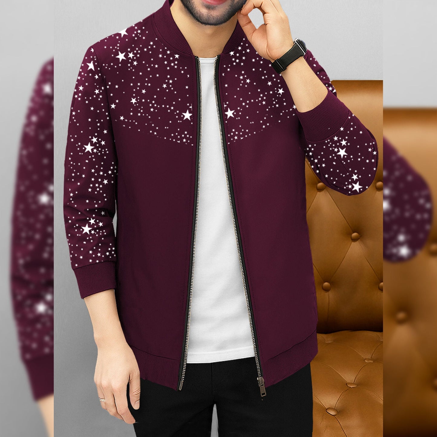 Men Full Sleeve Star Printed Round Neck Jacket Maroon