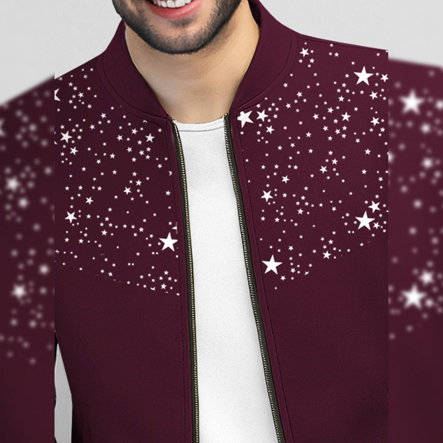 Men Full Sleeve Star Printed Round Neck Jacket Maroon