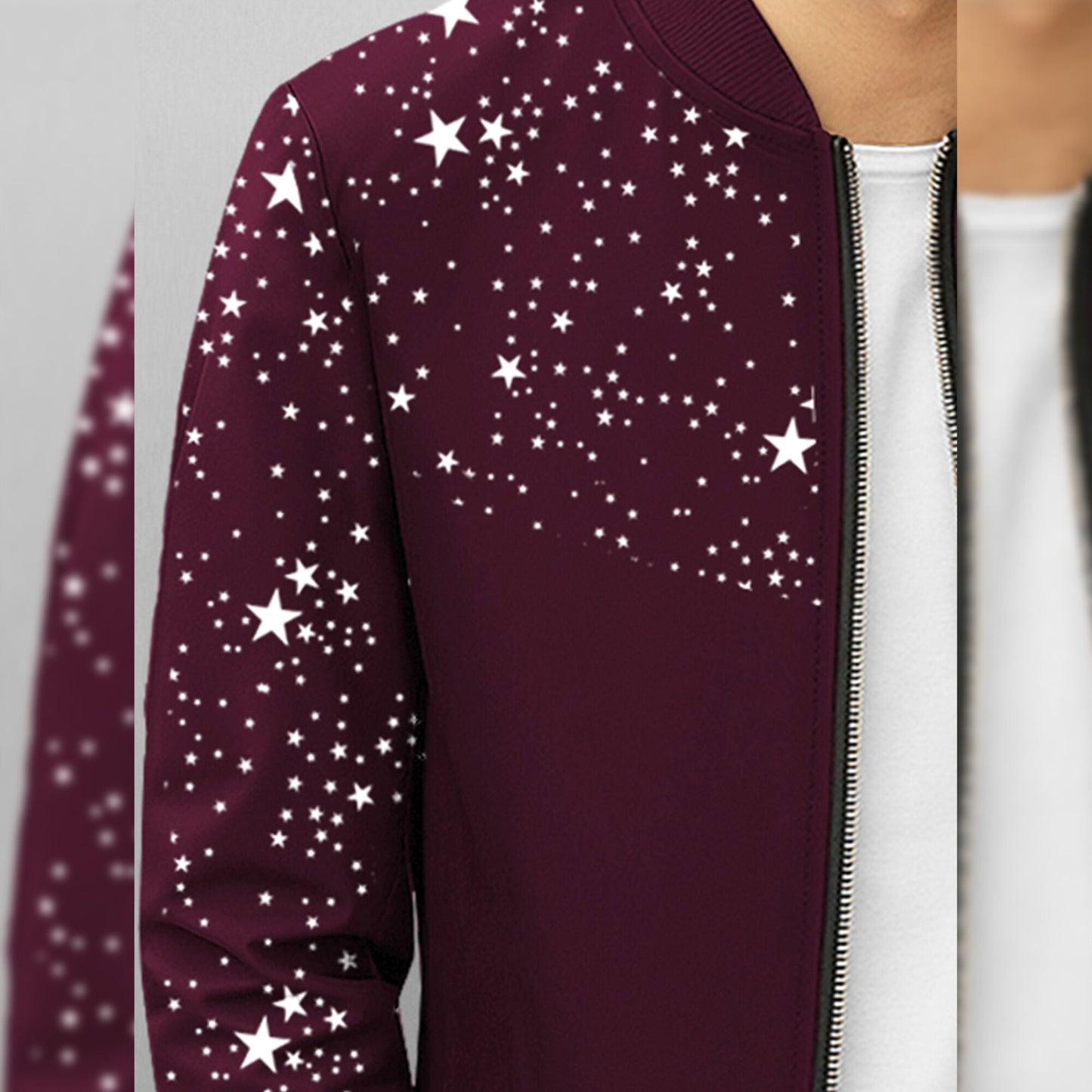Men Full Sleeve Star Printed Round Neck Jacket Maroon