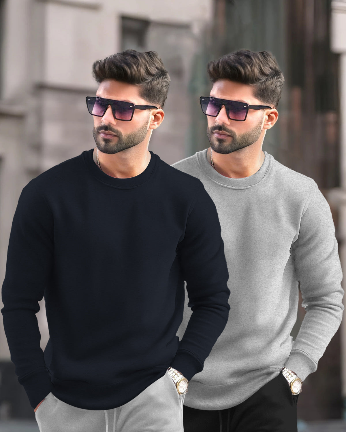 (Pack Of 2) Mens Round Neck Plain Winter Sweatshirts Navyblue & Grey