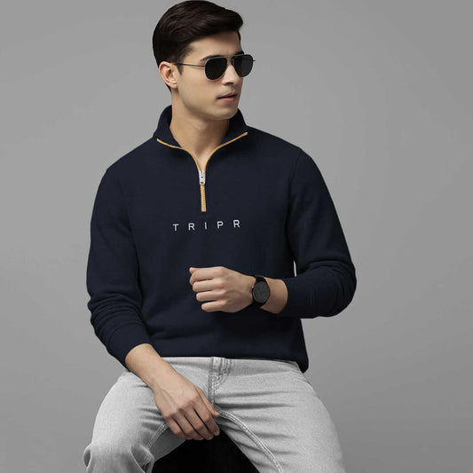 Men Full Sleeve High Neck Sweatshirt Navy blue