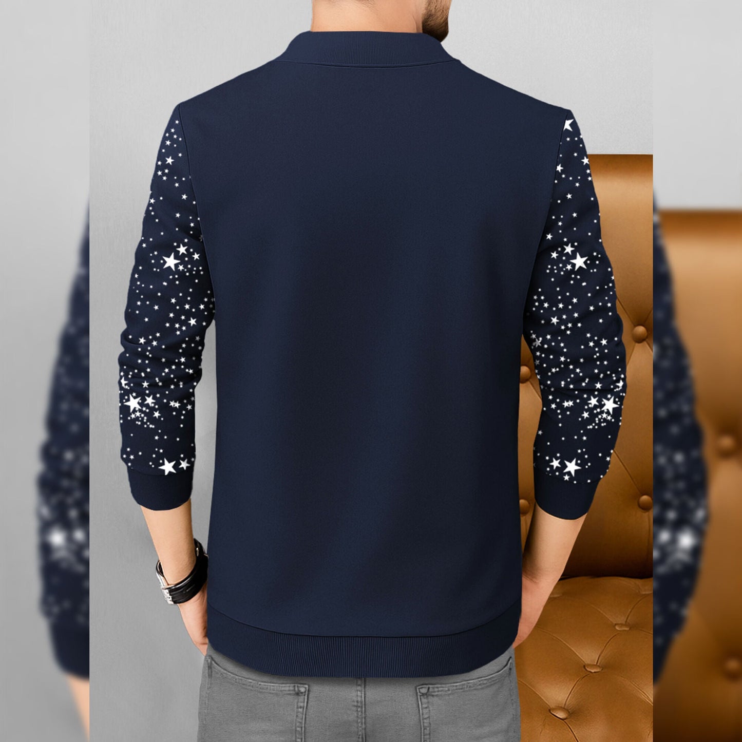 Men Full Sleeve Star Printed Round Neck Jacket Navyblue
