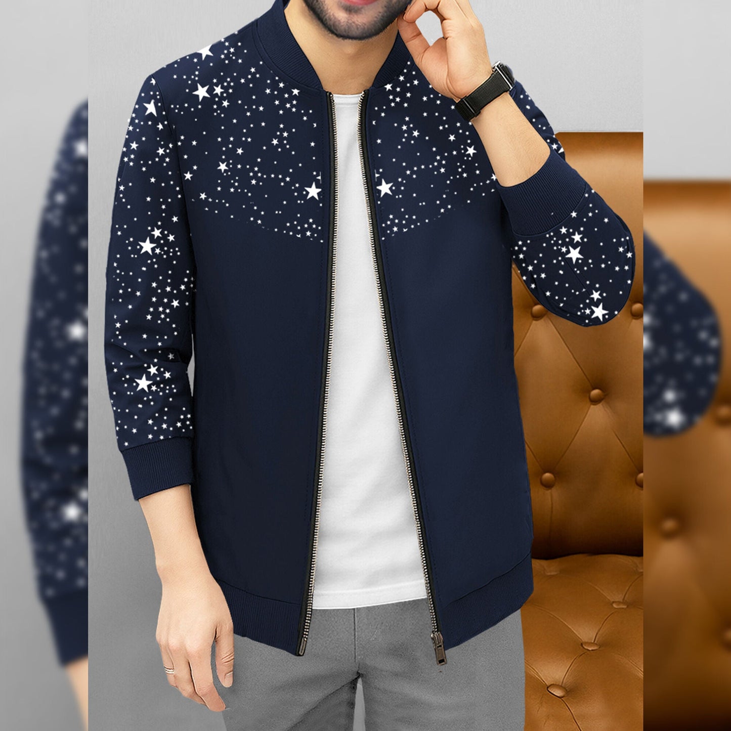 Men Full Sleeve Star Printed Round Neck Jacket Navyblue
