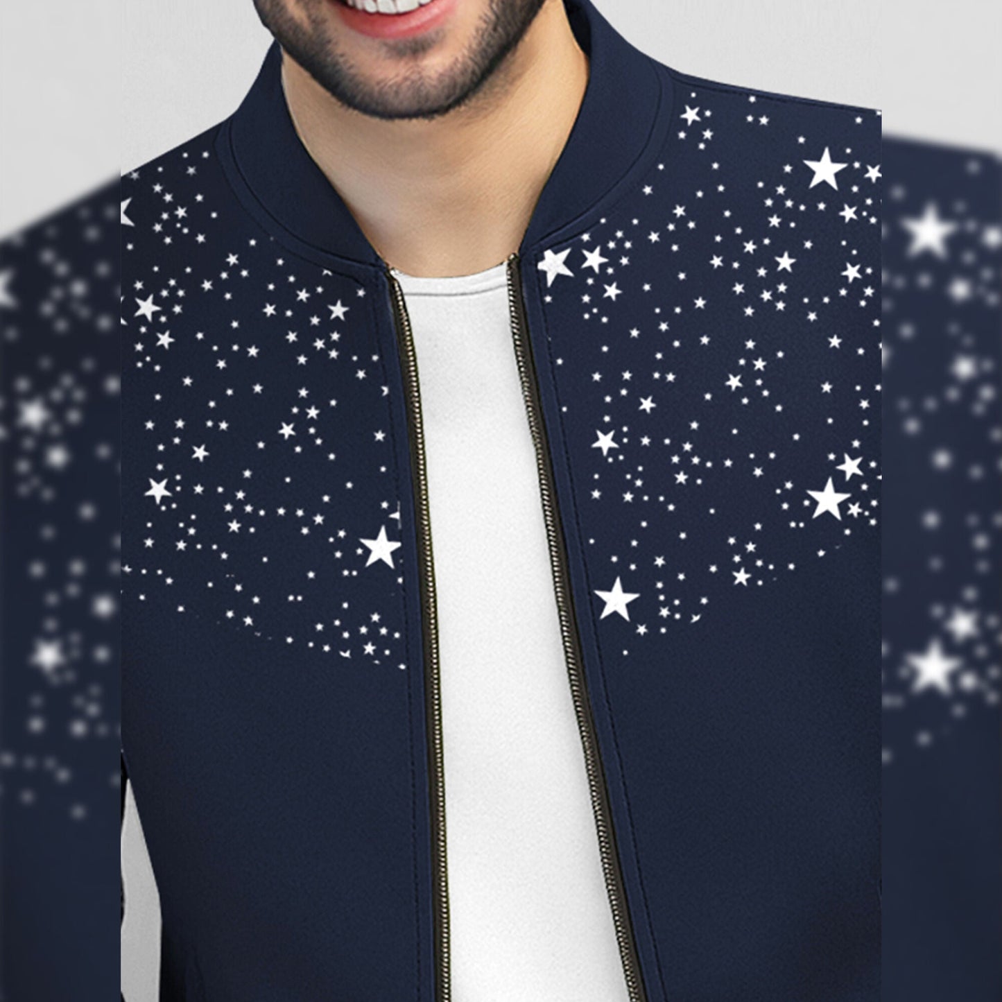Men Full Sleeve Star Printed Round Neck Jacket Navyblue