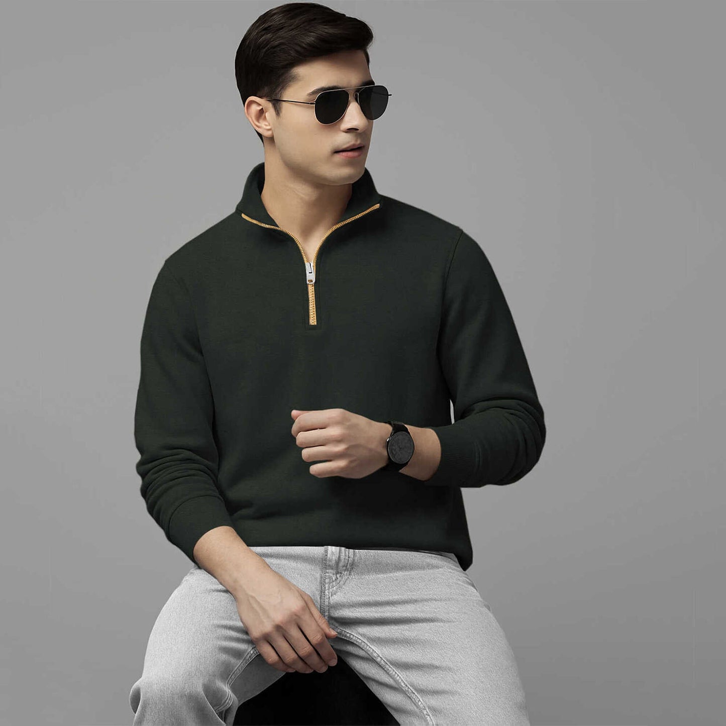 Men High Neck Quarter Zip Up Olivegreen Sweatshirt