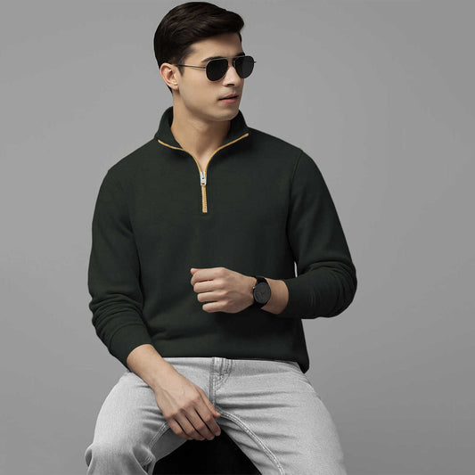 Men High Neck Quarter Zip Up Olivegreen Sweatshirt