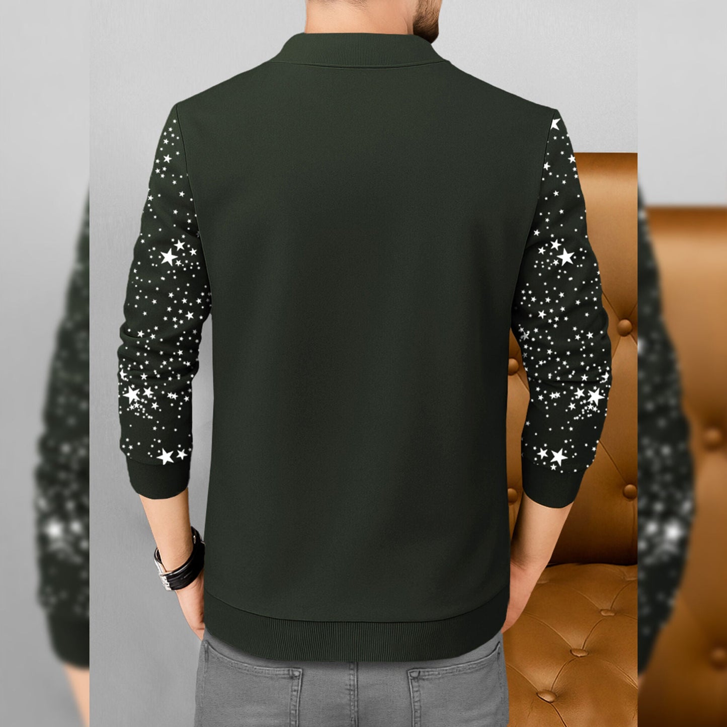 Men Full Sleeve Star Printed Round Neck Jacket Olivegreen