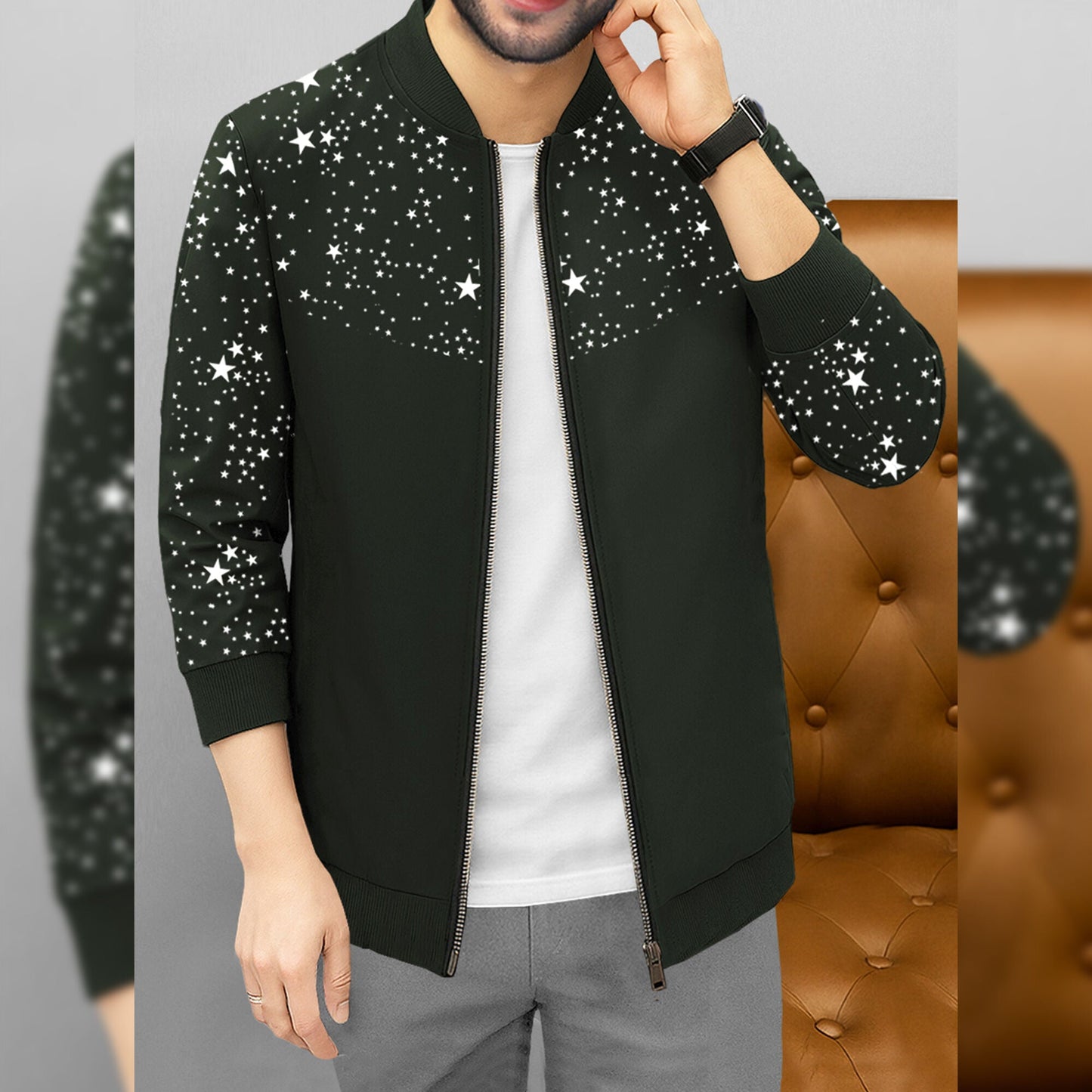 Men Full Sleeve Star Printed Round Neck Jacket Olivegreen