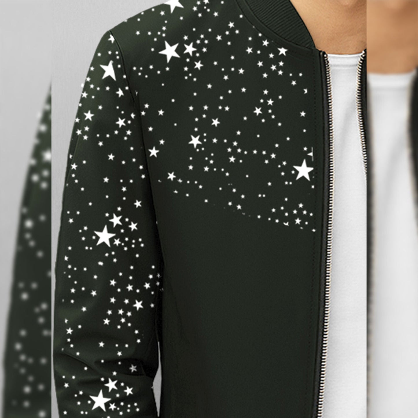 Men Full Sleeve Star Printed Round Neck Jacket Olivegreen