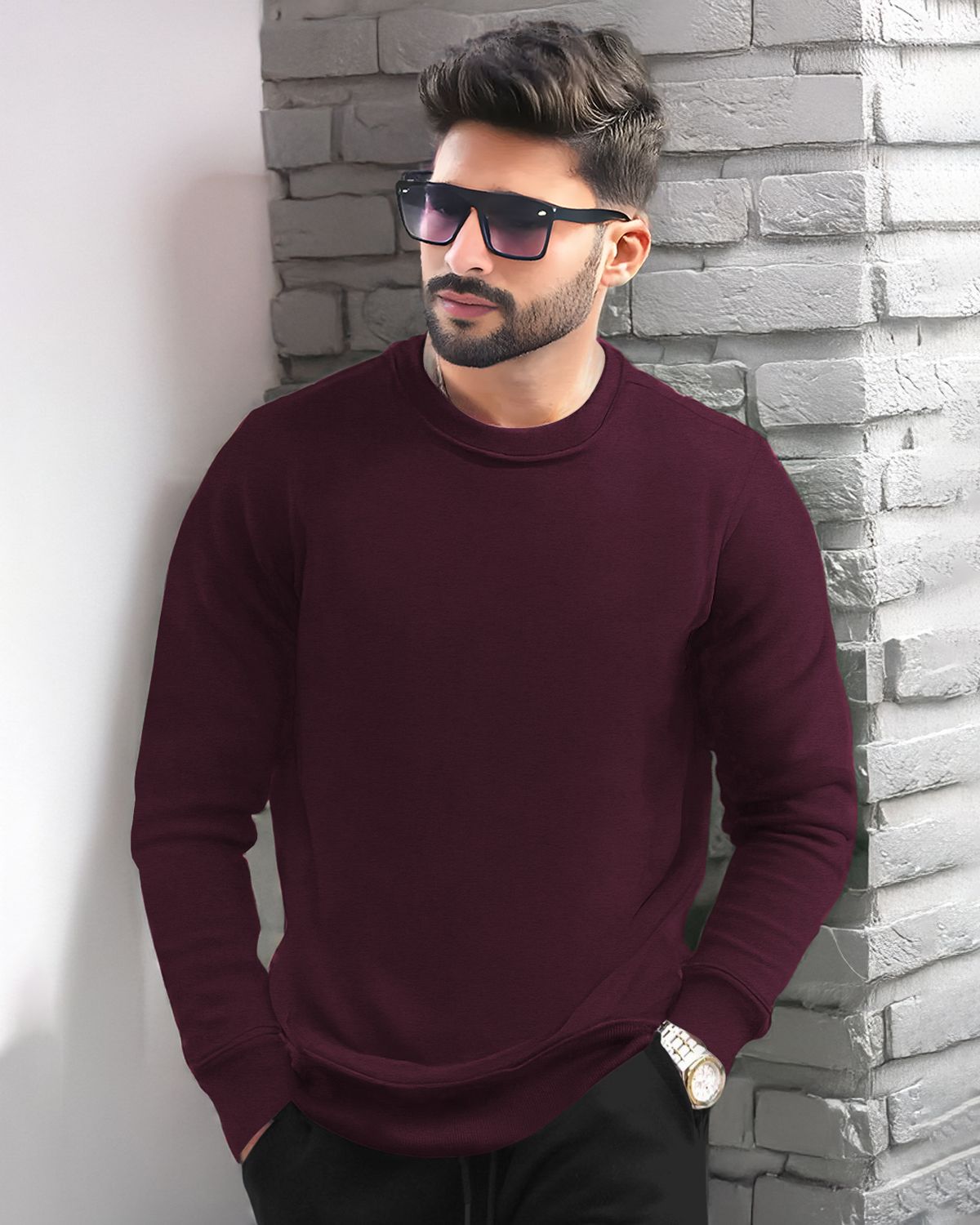 MEN PLAIN REGULAR FIT ROUND NECK CASUAL SWEATSHIRTS - 8 COLORS
