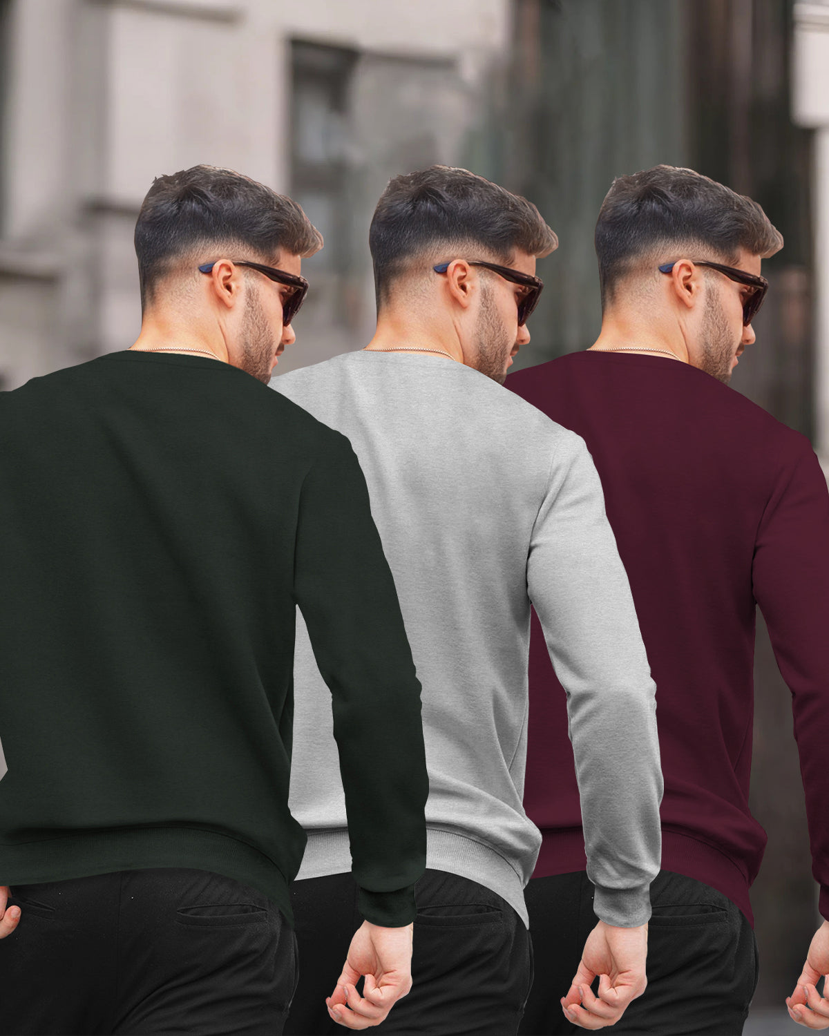 (Pack Of 3) Mens Round Neck Plain Winter Sweatshirts Olivegreen-Grey-Maroon