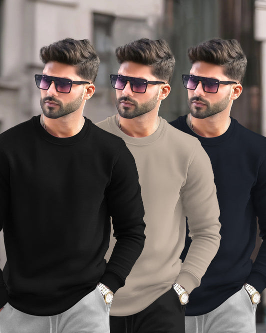 (Pack Of 3) Mens Round Neck Plain Winter Sweatshirts / Black-Beige-Navyblue