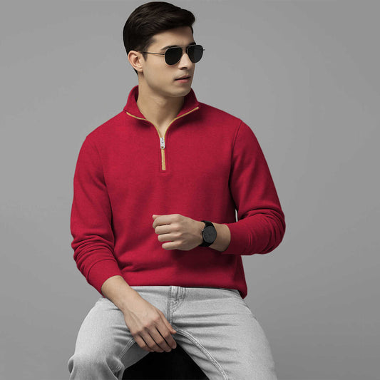 Men High Neck Quarter Zip Up Red Sweatshirt