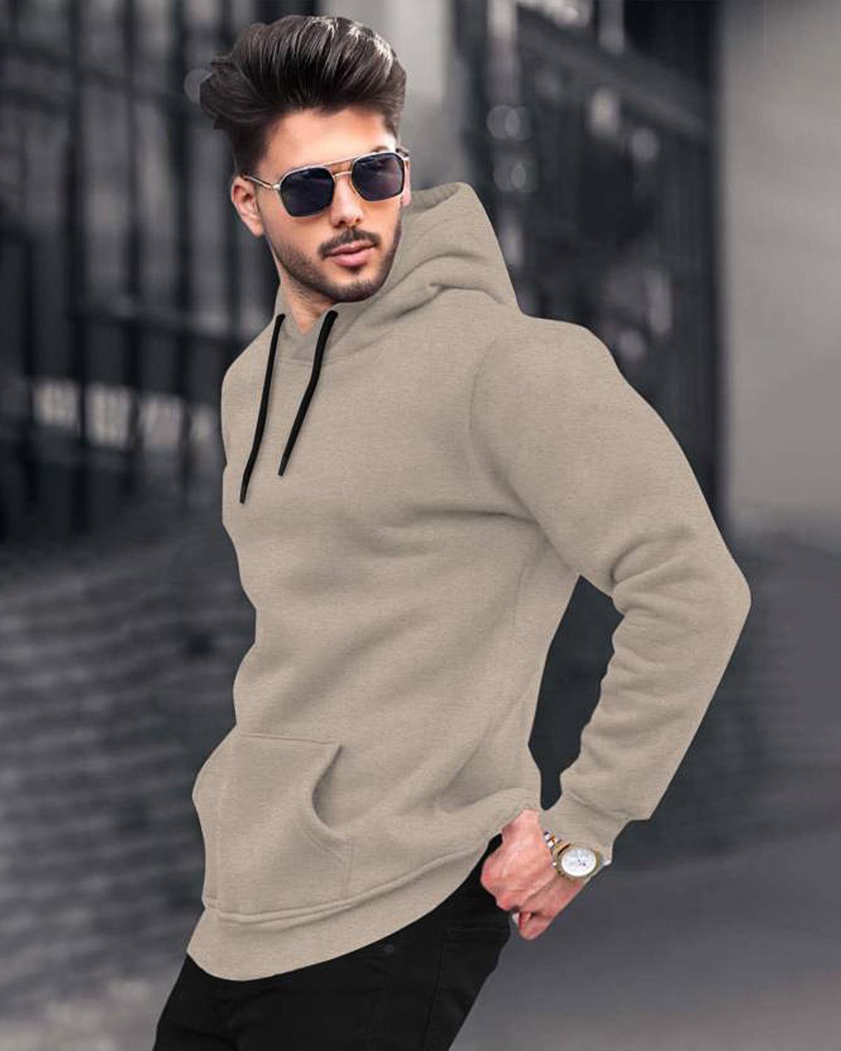 Mens Plain Sweatshirt Side Pockets with Hooded / Beige