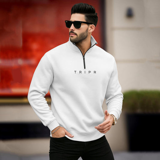 Men Zipper High Neck White Sweatshirt
