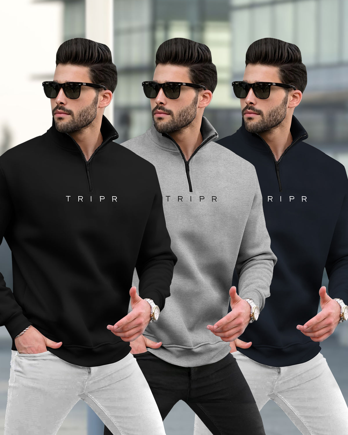 (Pack Of 3) Mens High Neck Winter Sweatshirts Black-Grey-Navyblue