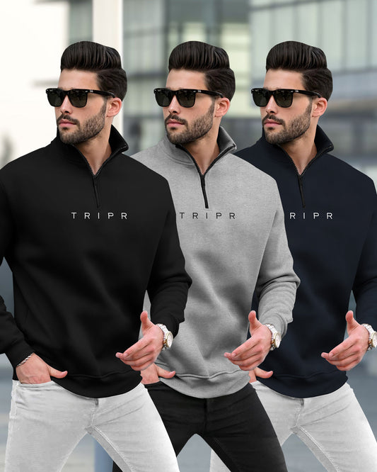 (Pack Of 3) Mens High Neck Winter Sweatshirts Black-Grey-Navyblue