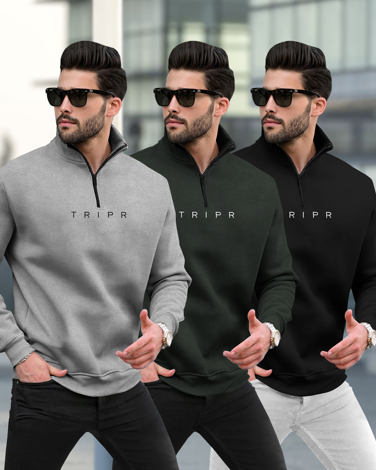 (Pack Of 3) Mens High Neck Winter Sweatshirts Grey-Olivegreen-Black