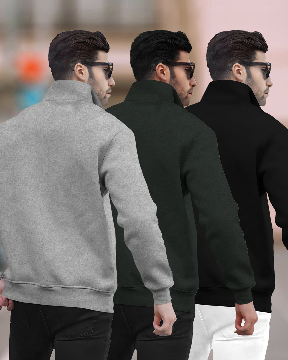 (Pack Of 3) Mens High Neck Winter Sweatshirts Grey-Olivegreen-Black
