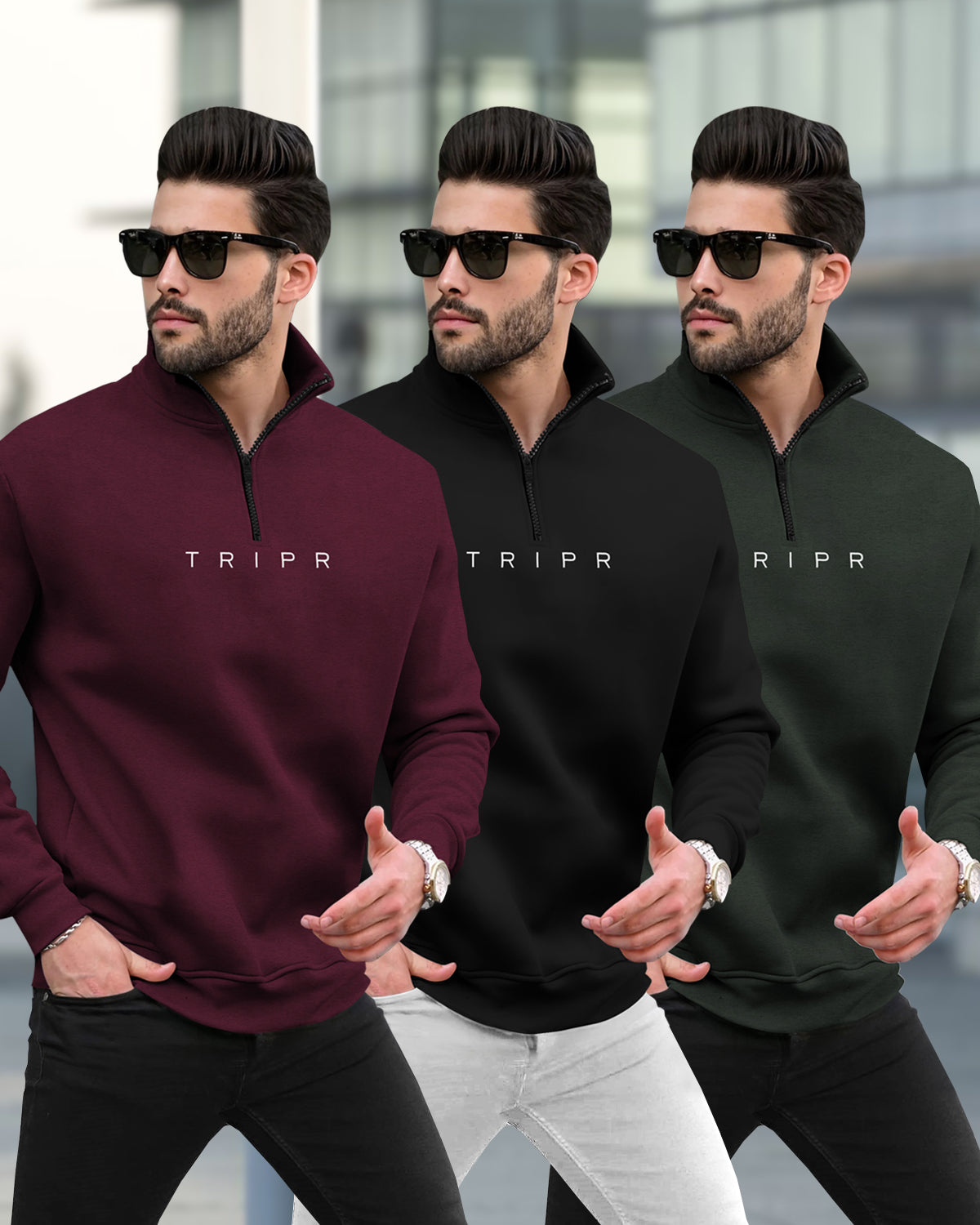 (Pack Of 3) Mens High Neck Winter Sweatshirts Maroon-Black-Olivegreen