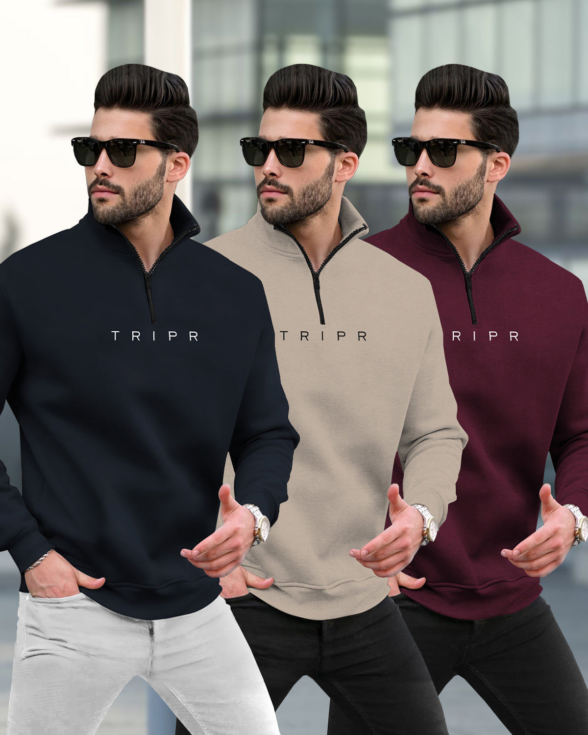 (Pack Of 3) Mens High Neck Winter Sweatshirts / Navyblue-Beige-Maroon