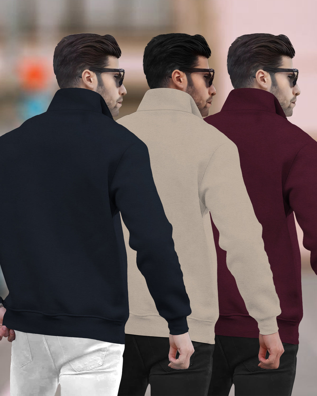 (Pack Of 3) Mens High Neck Winter Sweatshirts / Navyblue-Beige-Maroon