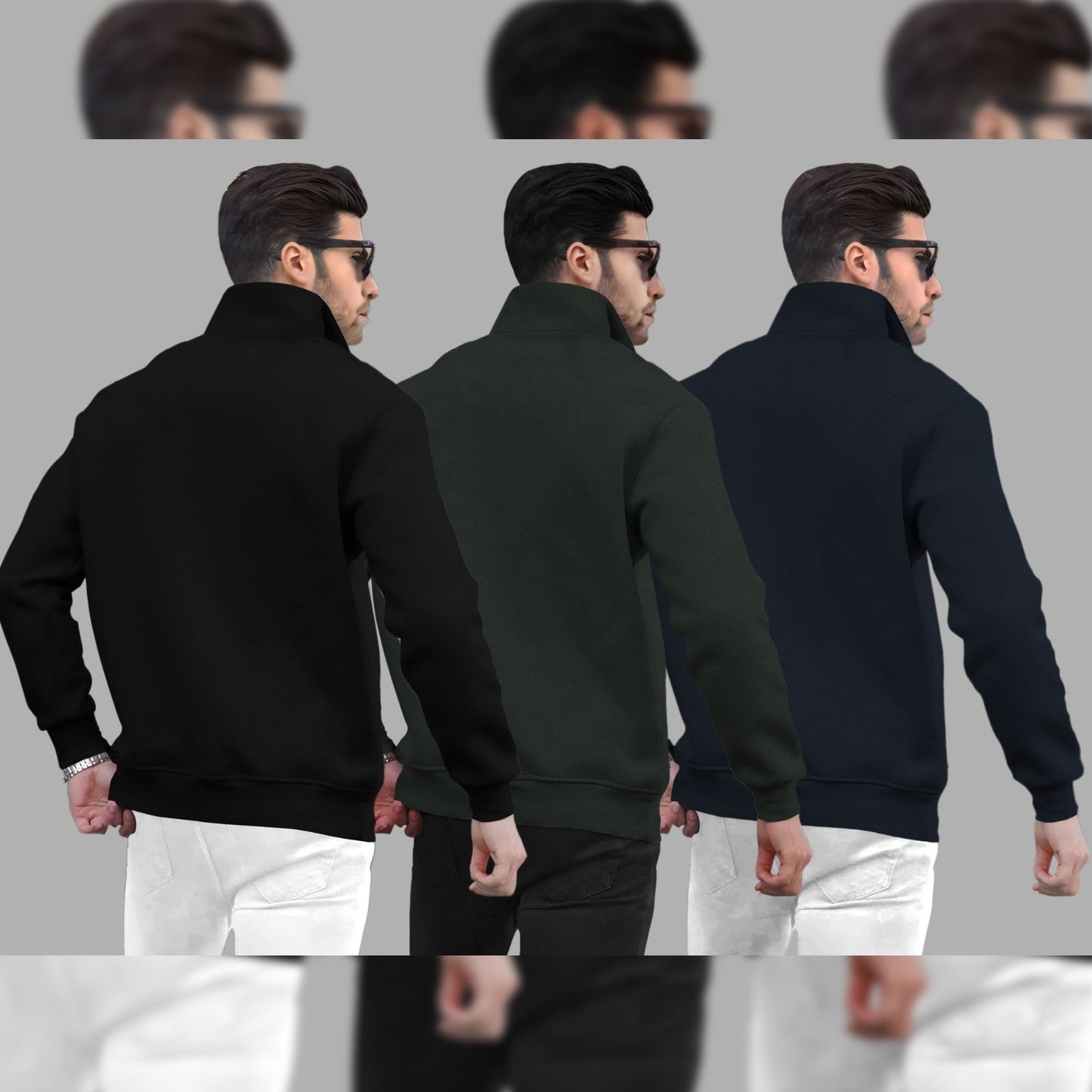 (Pack Of 3) Mens High Neck Winter Sweatshirts / Black- Olivegreen-Navyblue