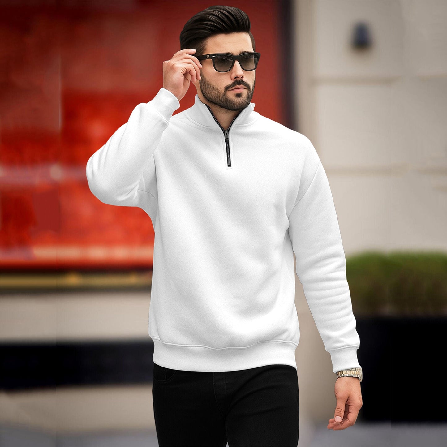 Men Plain Zipper High Neck Casual Sweatshirt White