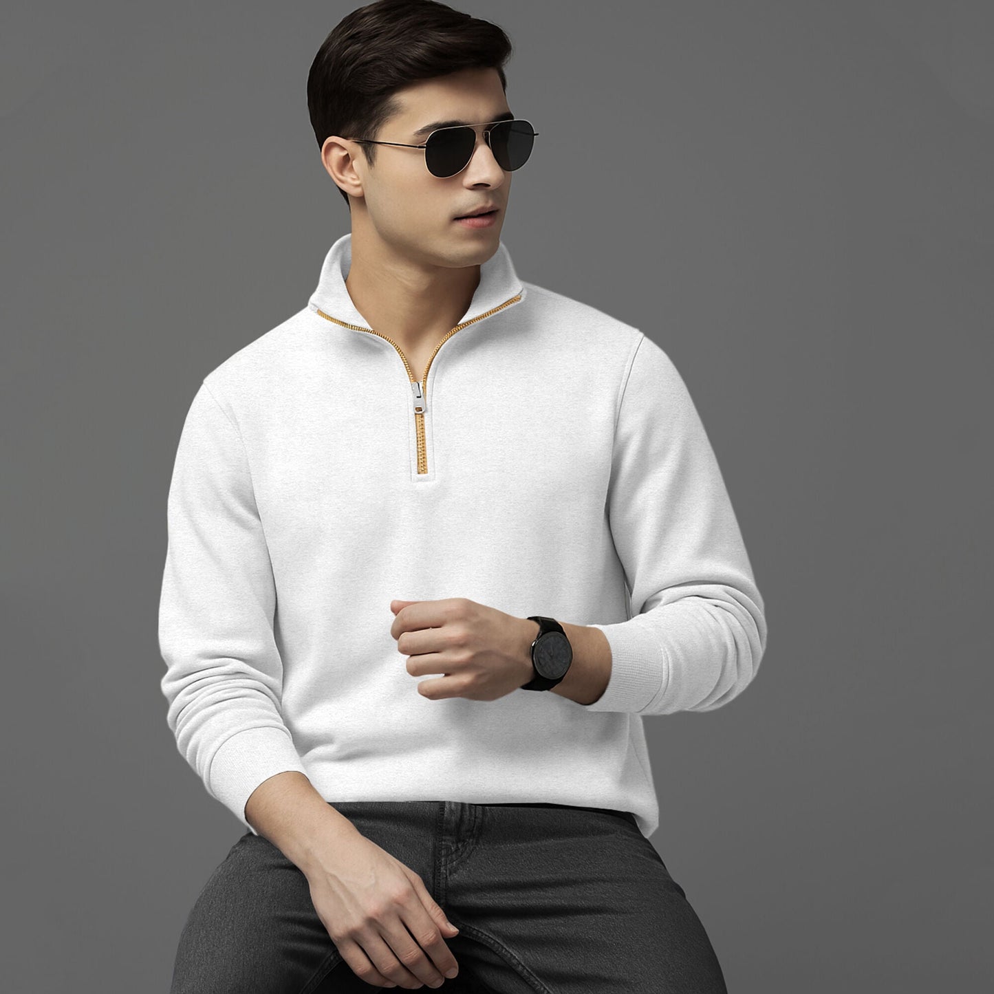 Men High Neck Quarter Zip Up White Sweatshirt