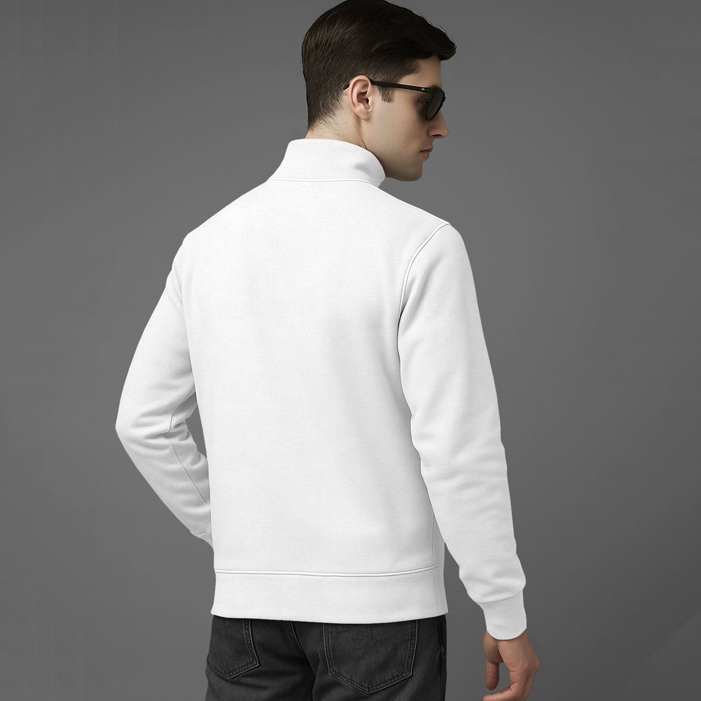 Men High Neck Quarter Zip Up White Sweatshirt