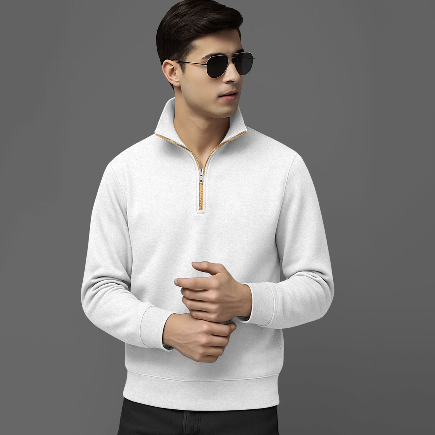 Men High Neck Quarter Zip Up White Sweatshirt