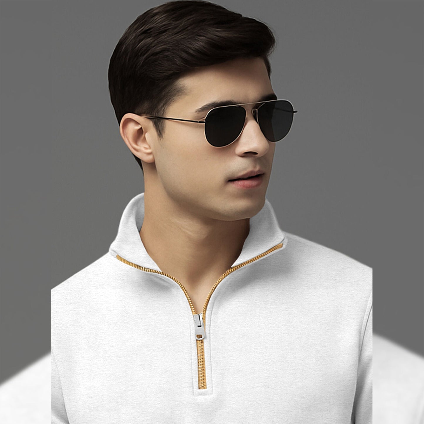 Men High Neck Quarter Zip Up White Sweatshirt