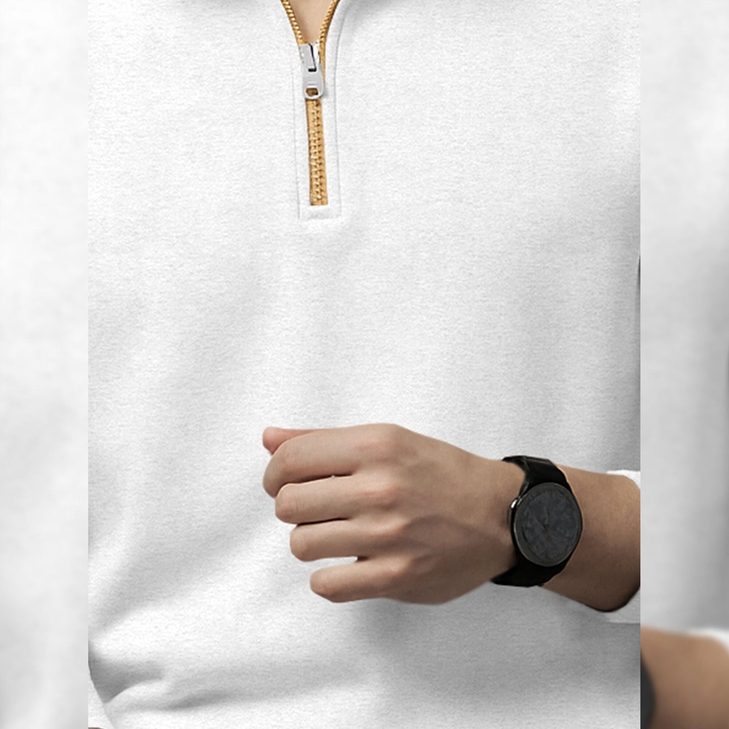 Men High Neck Quarter Zip Up White Sweatshirt